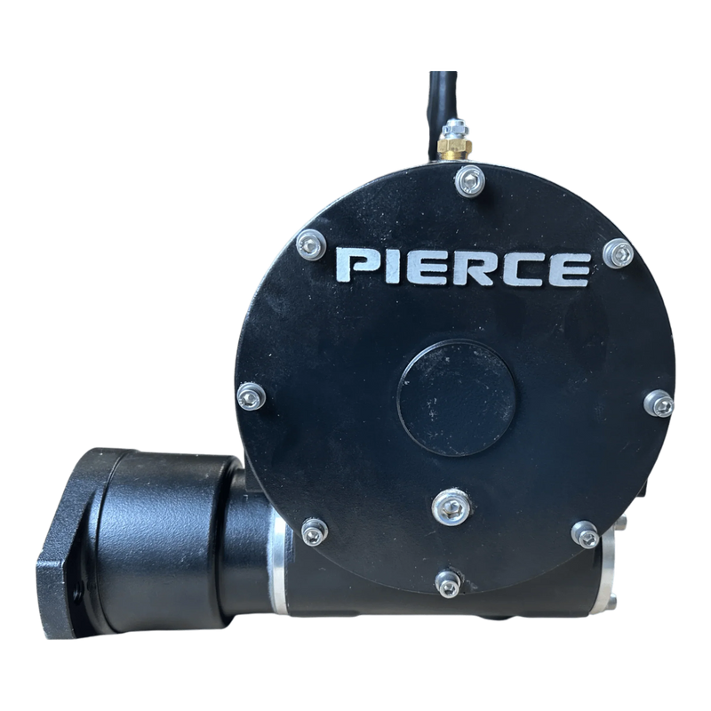 Black PIERCE 8,000 lbs. 11" Drum Industrial Hydraulic Winch | Narrow Mount features metallic bolts and a left-side cylindrical extension, built for demanding applications.