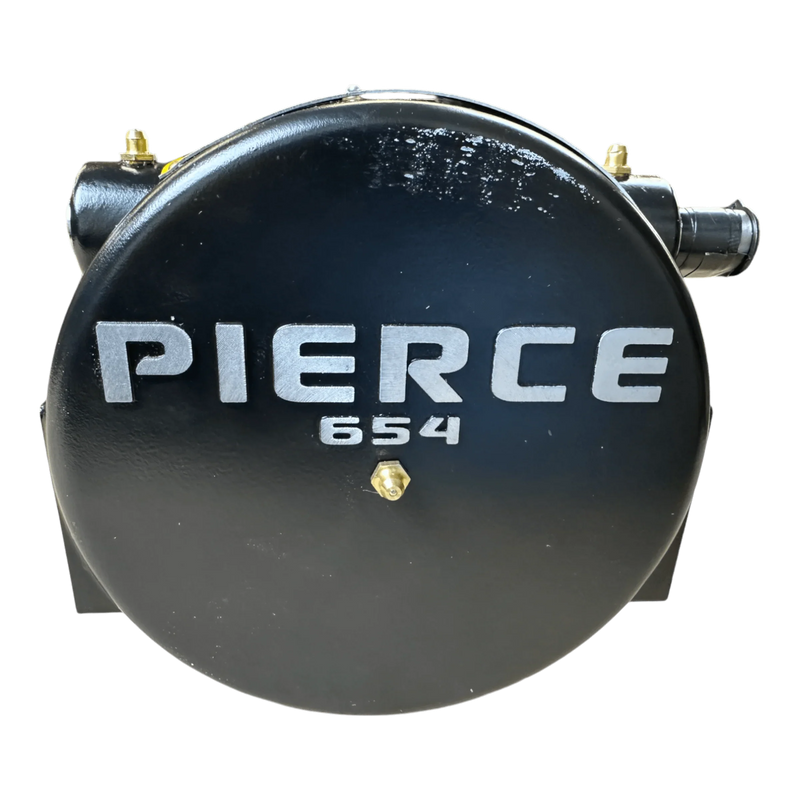 Front view of the PIERCE 8,000 lbs. 11" Drum Industrial Hydraulic Winch | Narrow Mount, black metal design with bold silver branding, built for heavy-duty 8,000 lb pulling capacity.