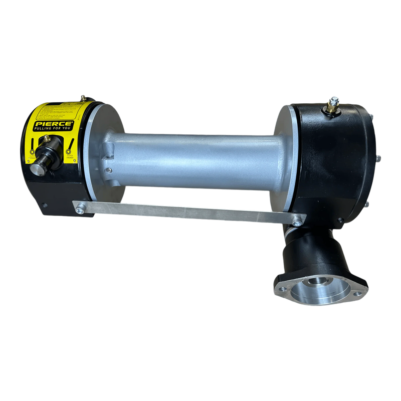 PIERCE 8,000 lbs. 11" Drum Industrial Hydraulic Winch | Narrow Mount features a silver cylindrical body, black ends, and yellow label, designed for hydraulic winch use on a white background with 8,000 lb pulling capacity.