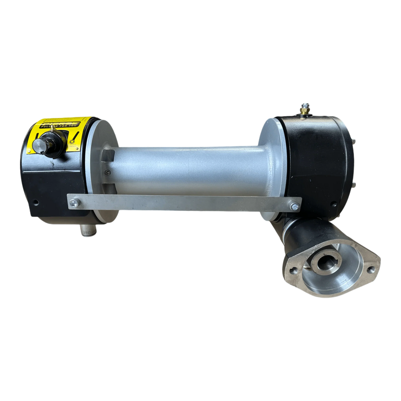 The PIERCE 8,000 lbs. 11" Drum Industrial Hydraulic Winch | Narrow Mount features black end caps, lever, and mounting bracket—ideal for industrial winching applications requiring up to 8,000 lbs. pulling capacity.