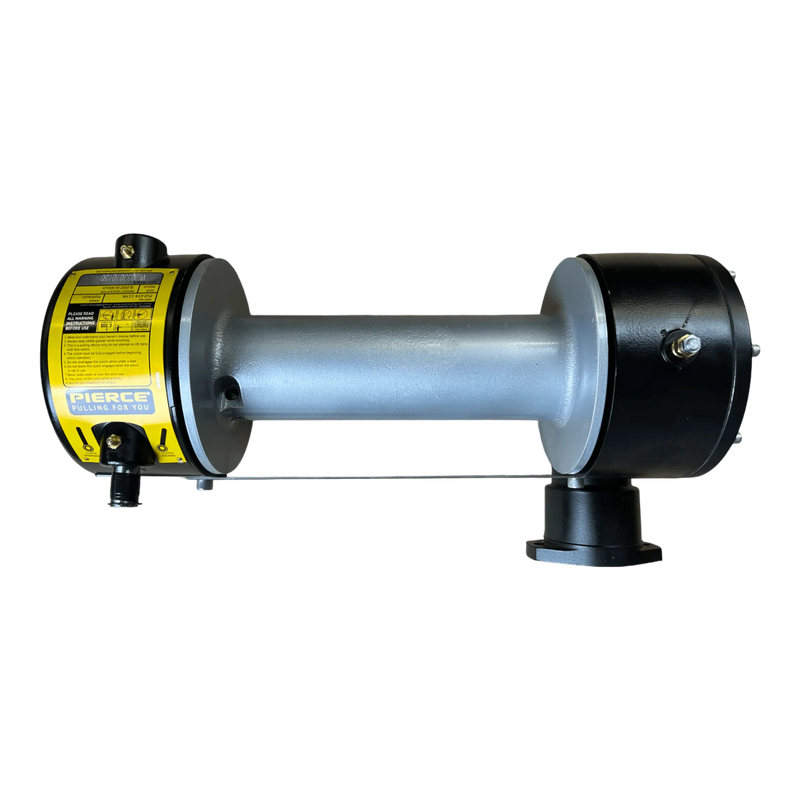 The PIERCE 8,000 lbs. 11" Drum Industrial Hydraulic Winch | Narrow Mount is shown in silver and black with a yellow label, featuring an 8,000 lb capacity and displayed on a white background.