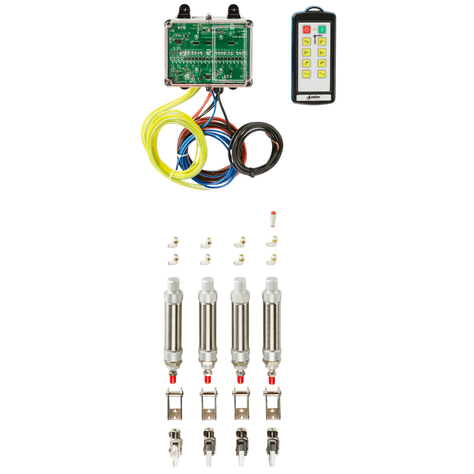 Lodar LTDs 8 Function IP Wireless Actuator Control System, 92 Series with FET Air Receiver, includes wiring, a control box, remote, and injection components arranged on a white background.