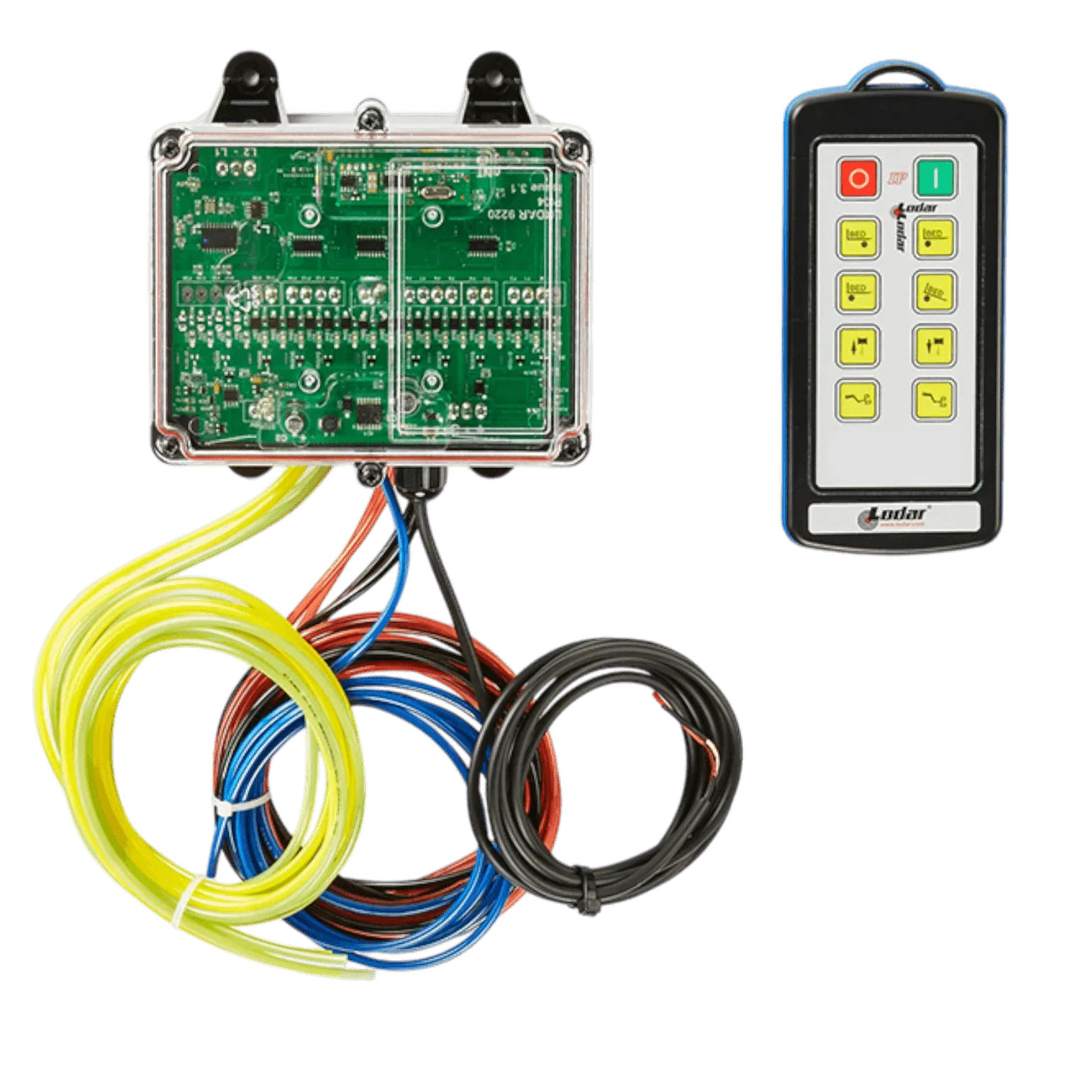 Lodar Service 92 Series: 8 Function IP Wireless Actuator Control System with FET Air Receiver (no actuators), features a black handheld transmitter with buttons, indicator lights, multicolored wires, and electronic circuit board.