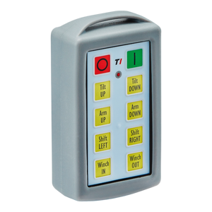 The 8 Function Lodar Replacement Standard Transmitter by Lodar LTD is encased in an elegant grey design and includes clearly labeled buttons for functions such as tilt, arm, shift, and winch. This essential remote is compatible with the 11 Series and serves as an ideal spare transmitter.