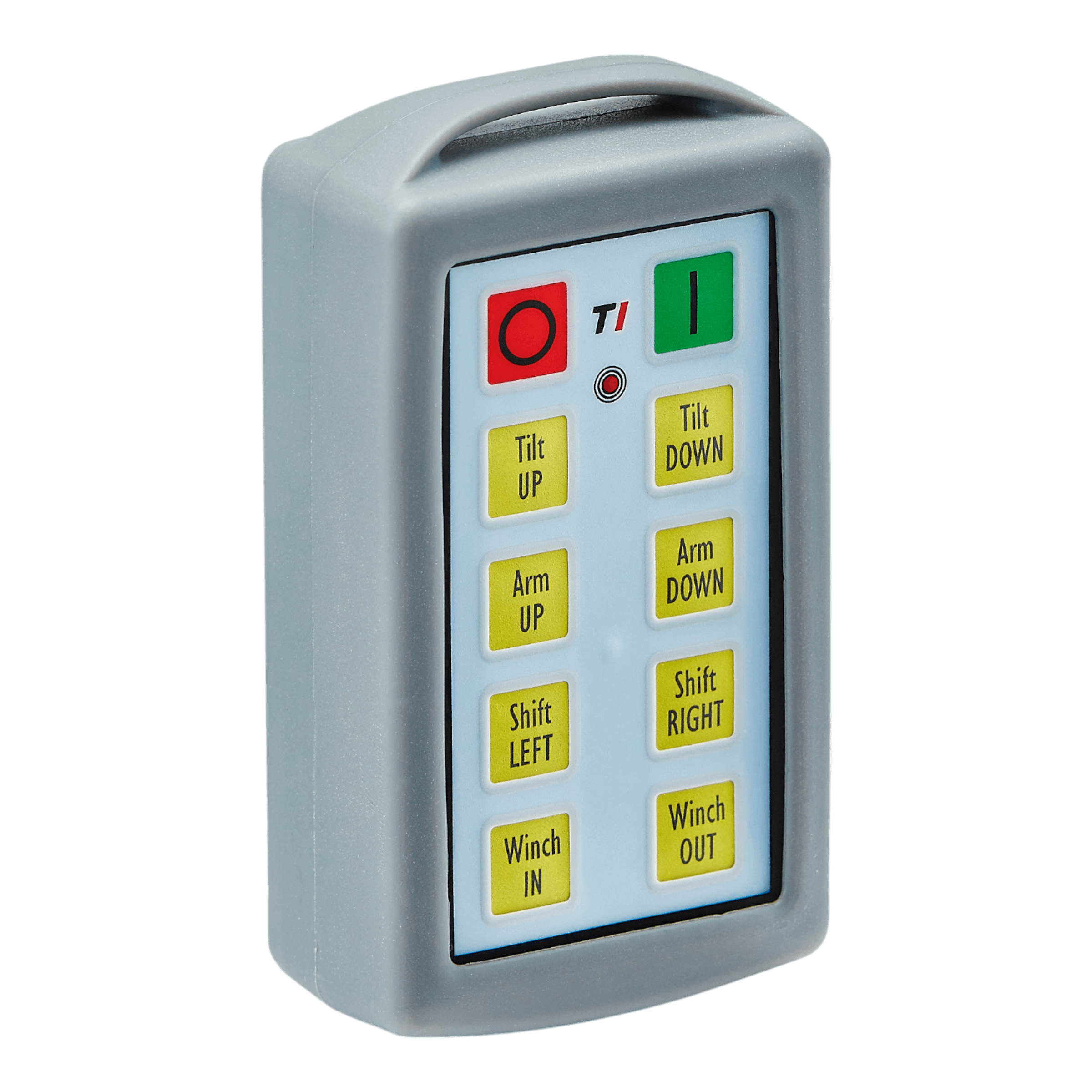 The 8 Function Lodar Replacement Standard Transmitter by Lodar LTD is encased in an elegant grey design and includes clearly labeled buttons for functions such as tilt, arm, shift, and winch. This essential remote is compatible with the 11 Series and serves as an ideal spare transmitter.