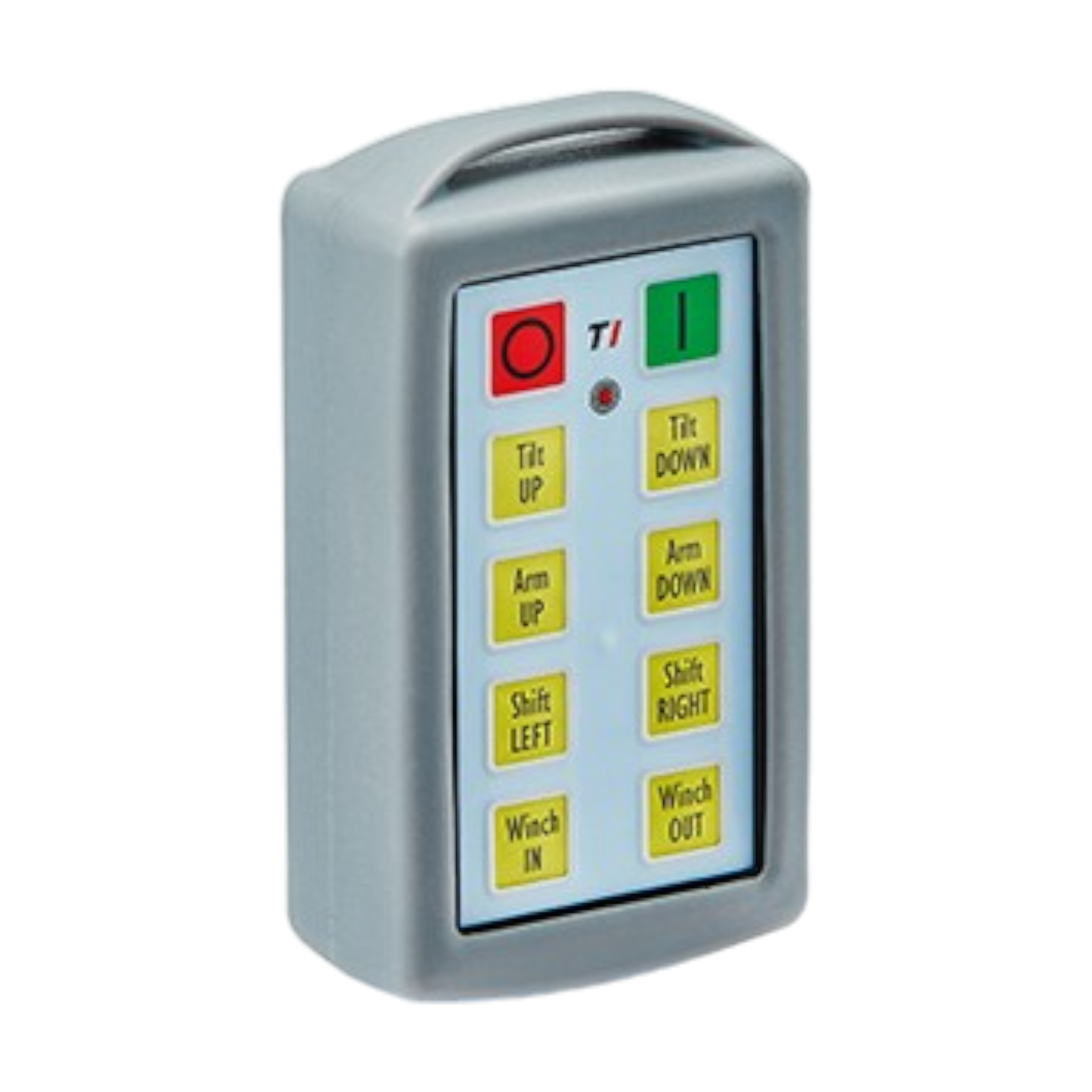 The 8 Function Lodar Replacement Standard Transmitter, part of the 9000 Series by Lodar LTD, comes with a gray casing and includes buttons for controlling tilt, arm, shift, and winch directions. It serves as an excellent replacement for a lost transmitter of the Lodar 8 Function Standard Transmitter.