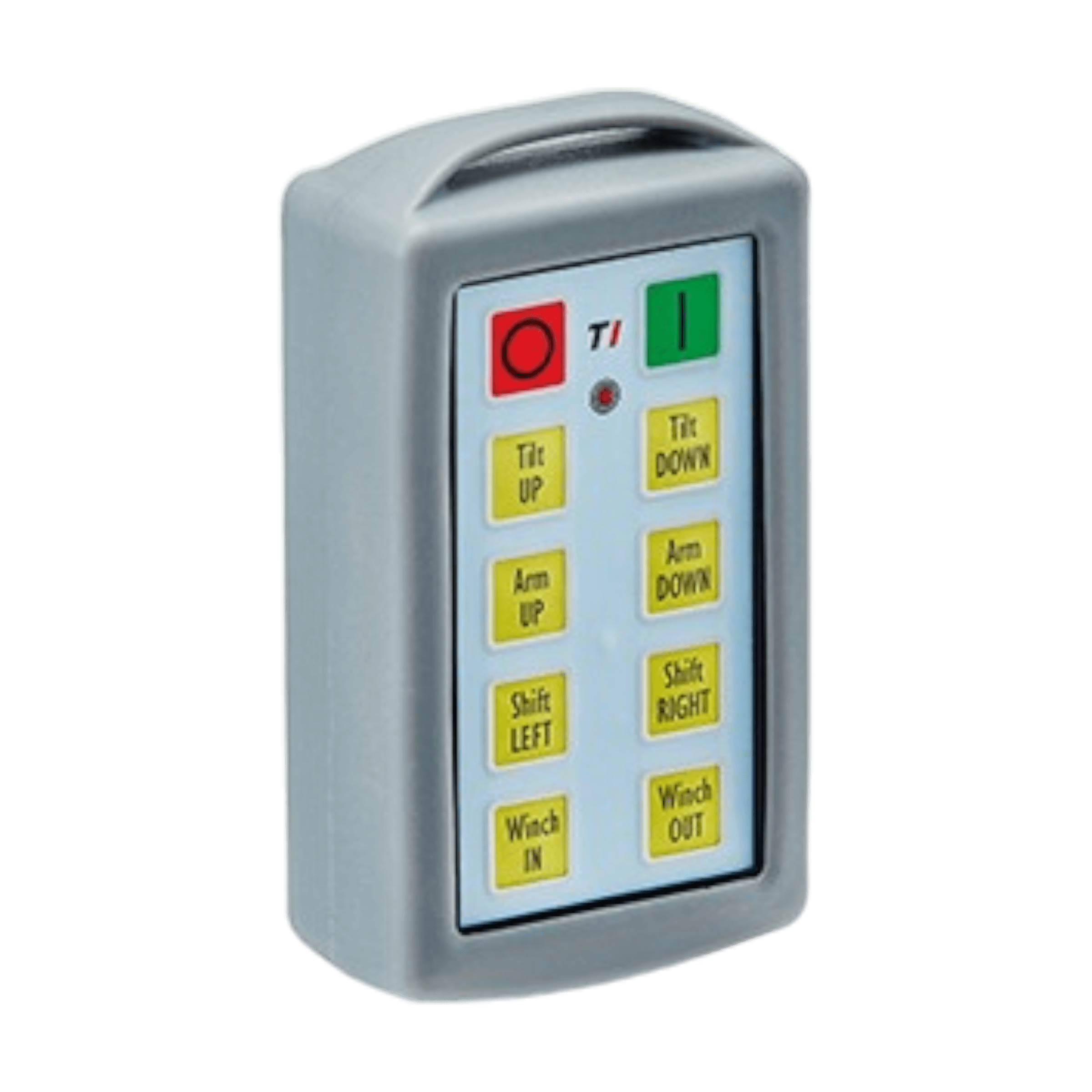 The 8 Function Lodar Replacement Standard Transmitter, part of the 9000 Series by Lodar LTD, comes with a gray casing and includes buttons for controlling tilt, arm, shift, and winch directions. It serves as an excellent replacement for a lost transmitter of the Lodar 8 Function Standard Transmitter.