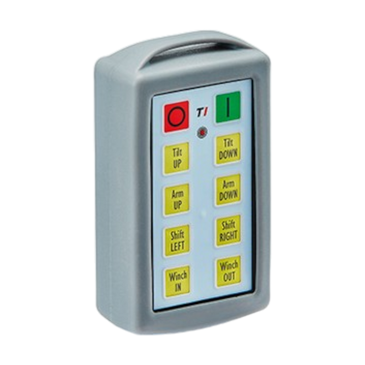 The 8 Function Lodar Replacement Standard Transmitter, part of the 9000 Series by Lodar LTD, comes with a gray casing and includes buttons for controlling tilt, arm, shift, and winch directions. It serves as an excellent replacement for a lost transmitter of the Lodar 8 Function Standard Transmitter.