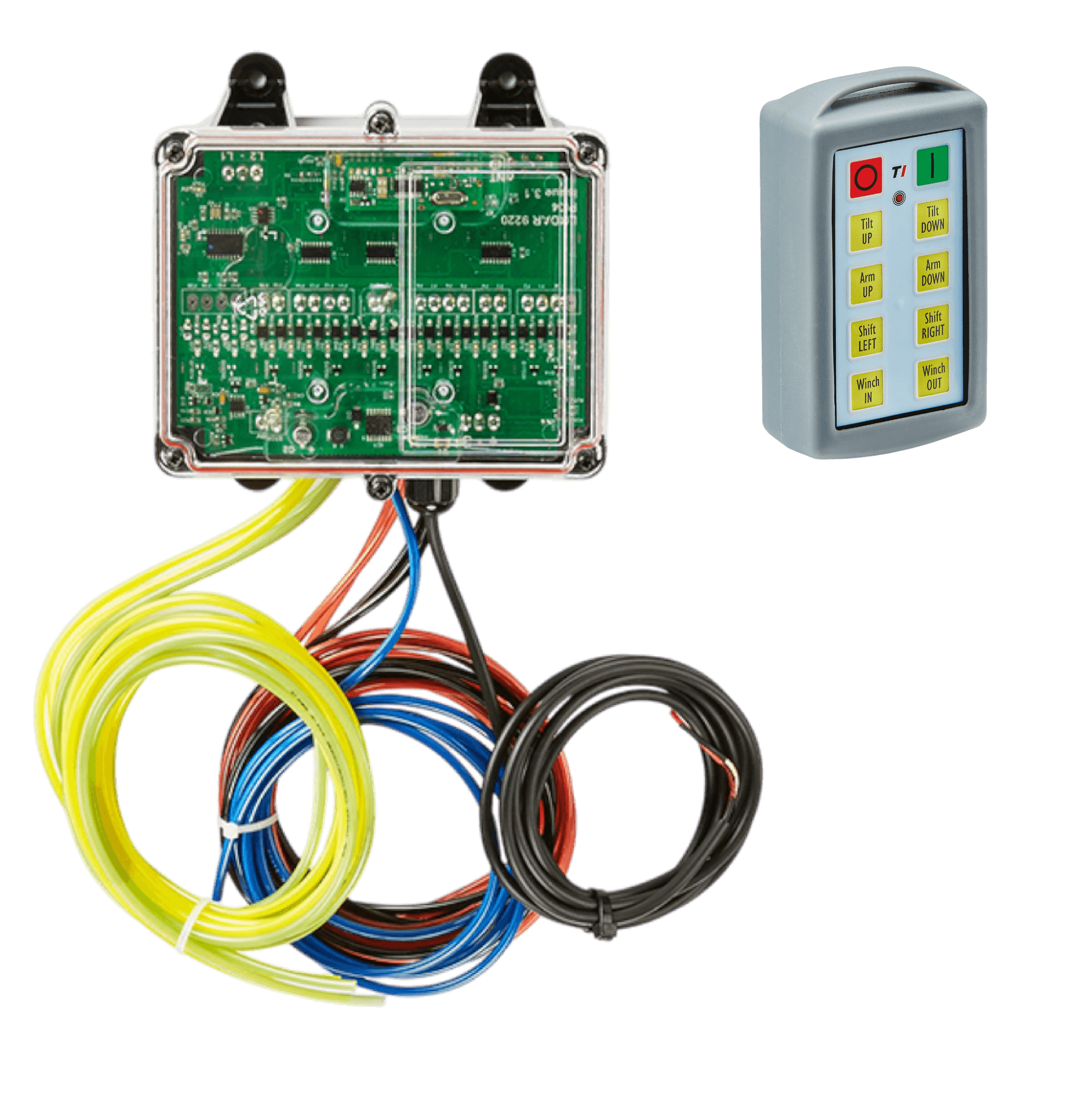 The Lodar LTD 8 Function Standard Wireless Actuator Control System (92 Series, FET Air Receiver, No Actuators) features hydraulic controls, a separate handheld remote with buttons, and an electronic control box with multi-colored wires.