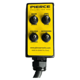 PIERCE 8 Function Wrecker Remote: yellow control panel with four labeled switches for boom, jaws, folding, and extending; compatible with 12/24V solenoid systems and hydraulic power units.