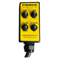PIERCE 8 Function Wrecker Remote: yellow control panel with four labeled switches for boom, jaws, folding, and extending; compatible with 12/24V solenoid systems and hydraulic power units.