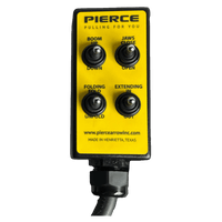 PIERCE 8 Function Wrecker Remote: yellow control panel with four labeled switches for boom, jaws, folding, and extending; compatible with 12/24V solenoid systems and hydraulic power units.
