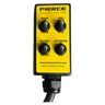 PIERCE 8 Function Wrecker Remote: yellow control panel with four labeled switches for boom, jaws, folding, and extending; compatible with 12/24V solenoid systems and hydraulic power units.