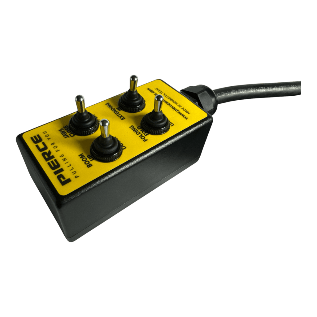 The PIERCE 8 Function Wrecker Remote is a yellow and black wired control box with four switches and a thick cable, compatible with 12/24V solenoid systems or hydraulic power units.
