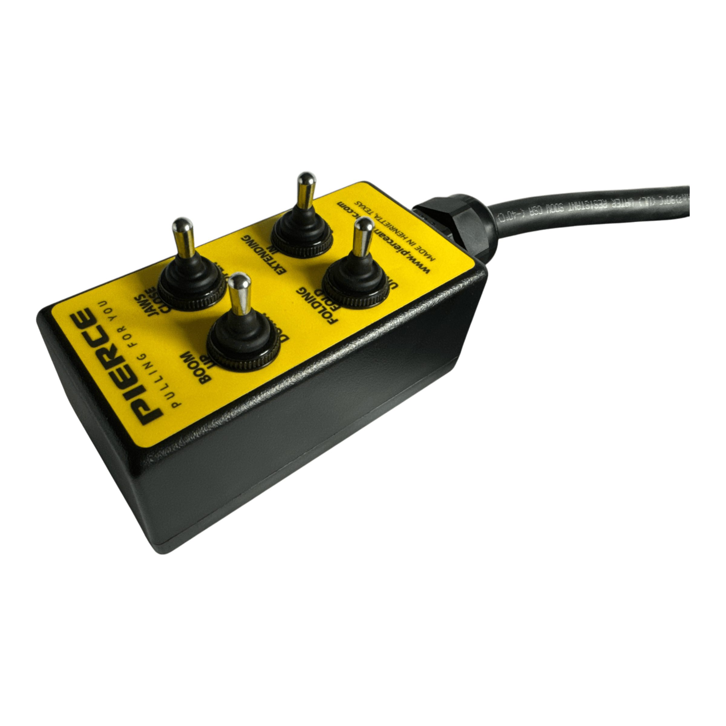 The PIERCE 8 Function Wrecker Remote is a yellow and black wired control box with four switches and a thick cable, compatible with 12/24V solenoid systems or hydraulic power units.