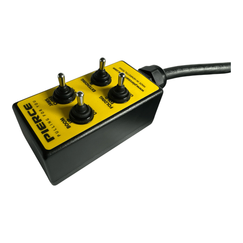 The PIERCE 8 Function Wrecker Remote is a yellow and black wired control box with four switches and a thick cable, compatible with 12/24V solenoid systems or hydraulic power units.