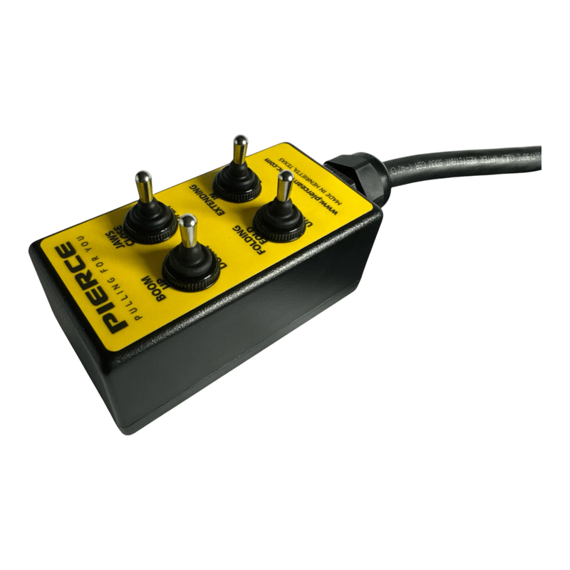 The PIERCE 8 Function Wrecker Remote is a yellow and black wired control box with four switches and a thick cable, compatible with 12/24V solenoid systems or hydraulic power units.