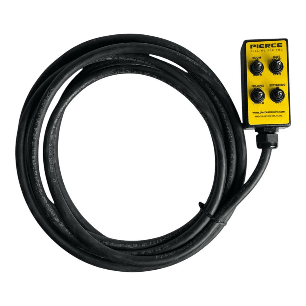 The 8 Function Wrecker Remote from PIERCE, essential for solenoid systems, includes a coiled black cable and yellow rectangular control box. It features a toggle switch wired remote designed for precision tasks in the towing industry.