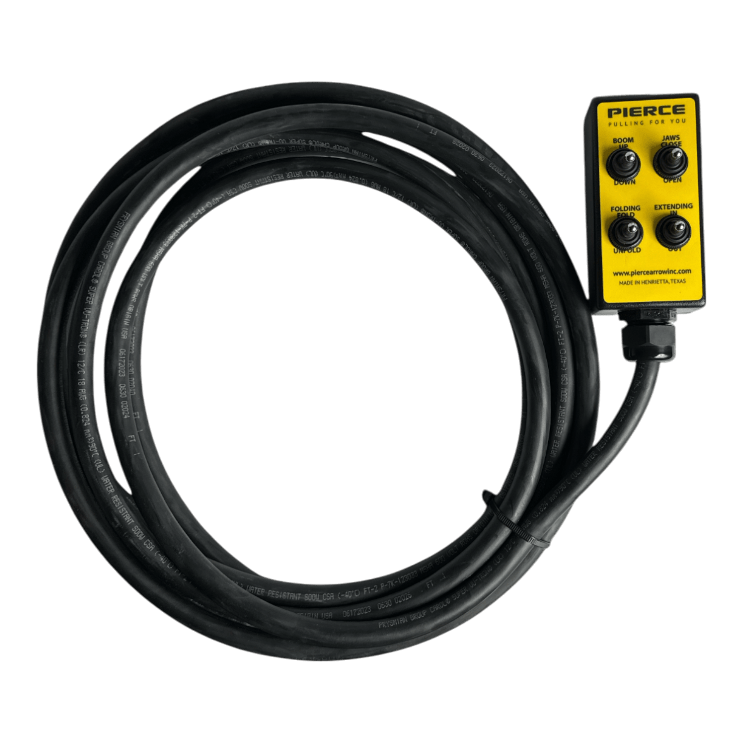 The 8 Function Wrecker Remote from PIERCE, essential for solenoid systems, includes a coiled black cable and yellow rectangular control box. It features a toggle switch wired remote designed for precision tasks in the towing industry.
