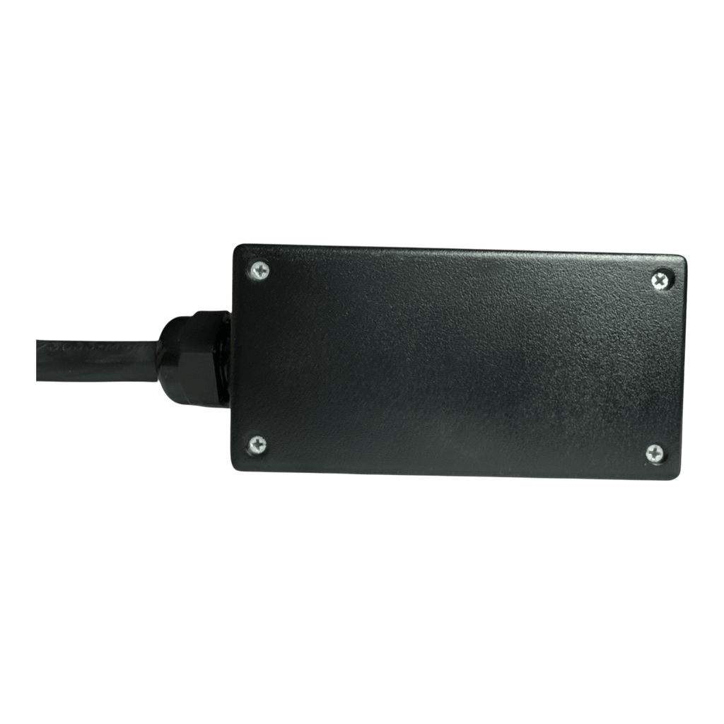 The PIERCE 8 Function Wrecker Remote is a black, rectangular electronic box with a left-side cable and four screws, designed for 12/24V solenoid systems and hydraulic power units.