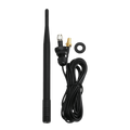 Set against a dark backdrop, the 5 ft Lodar External Aerial Kit by Lodar LTD features a stylish black antenna complete with a cable and connectors, specifically designed to combat signal degradation. Perfect for anyone looking to enhance their connectivity, this external aerial integrates effortlessly with coaxial cable systems.
