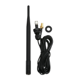 Set against a dark backdrop, the 5 ft Lodar External Aerial Kit by Lodar LTD features a stylish black antenna complete with a cable and connectors, specifically designed to combat signal degradation. Perfect for anyone looking to enhance their connectivity, this external aerial integrates effortlessly with coaxial cable systems.