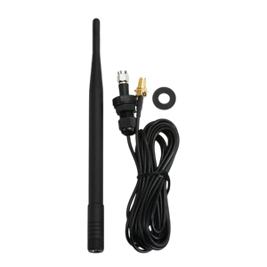 Set against a dark backdrop, the 5 ft Lodar External Aerial Kit by Lodar LTD features a stylish black antenna complete with a cable and connectors, specifically designed to combat signal degradation. Perfect for anyone looking to enhance their connectivity, this external aerial integrates effortlessly with coaxial cable systems.