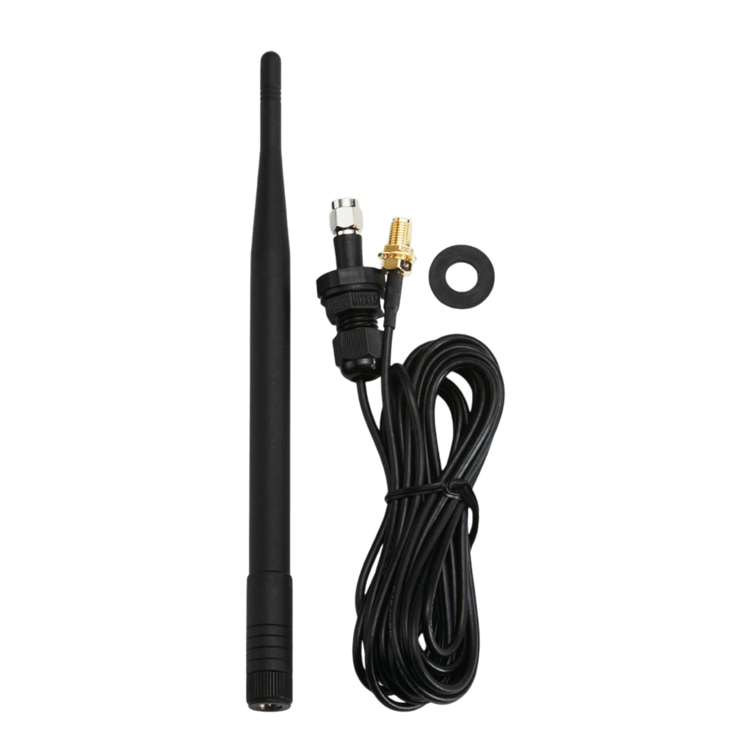Set against a dark backdrop, the 5 ft Lodar External Aerial Kit by Lodar LTD features a stylish black antenna complete with a cable and connectors, specifically designed to combat signal degradation. Perfect for anyone looking to enhance their connectivity, this external aerial integrates effortlessly with coaxial cable systems.