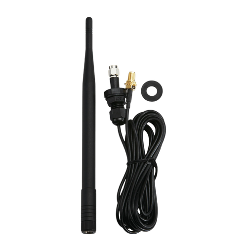 Set against a dark backdrop, the 5 ft Lodar External Aerial Kit by Lodar LTD features a stylish black antenna complete with a cable and connectors, specifically designed to combat signal degradation. Perfect for anyone looking to enhance their connectivity, this external aerial integrates effortlessly with coaxial cable systems.