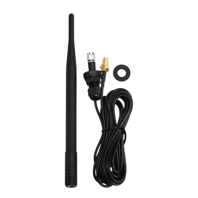 Set against a dark backdrop, the 5 ft Lodar External Aerial Kit by Lodar LTD features a stylish black antenna complete with a cable and connectors, specifically designed to combat signal degradation. Perfect for anyone looking to enhance their connectivity, this external aerial integrates effortlessly with coaxial cable systems.