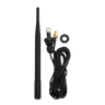 Set against a dark backdrop, the 5 ft Lodar External Aerial Kit by Lodar LTD features a stylish black antenna complete with a cable and connectors, specifically designed to combat signal degradation. Perfect for anyone looking to enhance their connectivity, this external aerial integrates effortlessly with coaxial cable systems.