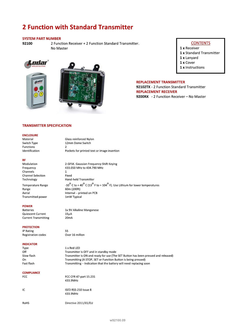 92100 - 2 Function with Standard Transmitter — Page 1