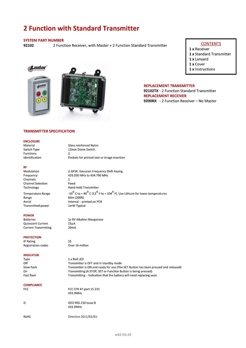 92102 - 2 Function with Standard Transmitter — Page 1