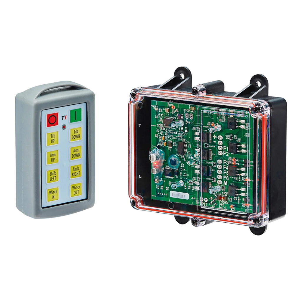 The Lodar LTD 8 Function Standard Wireless Control System (92 Series FET Receiver) and its remote are displayed side by side on a black background.