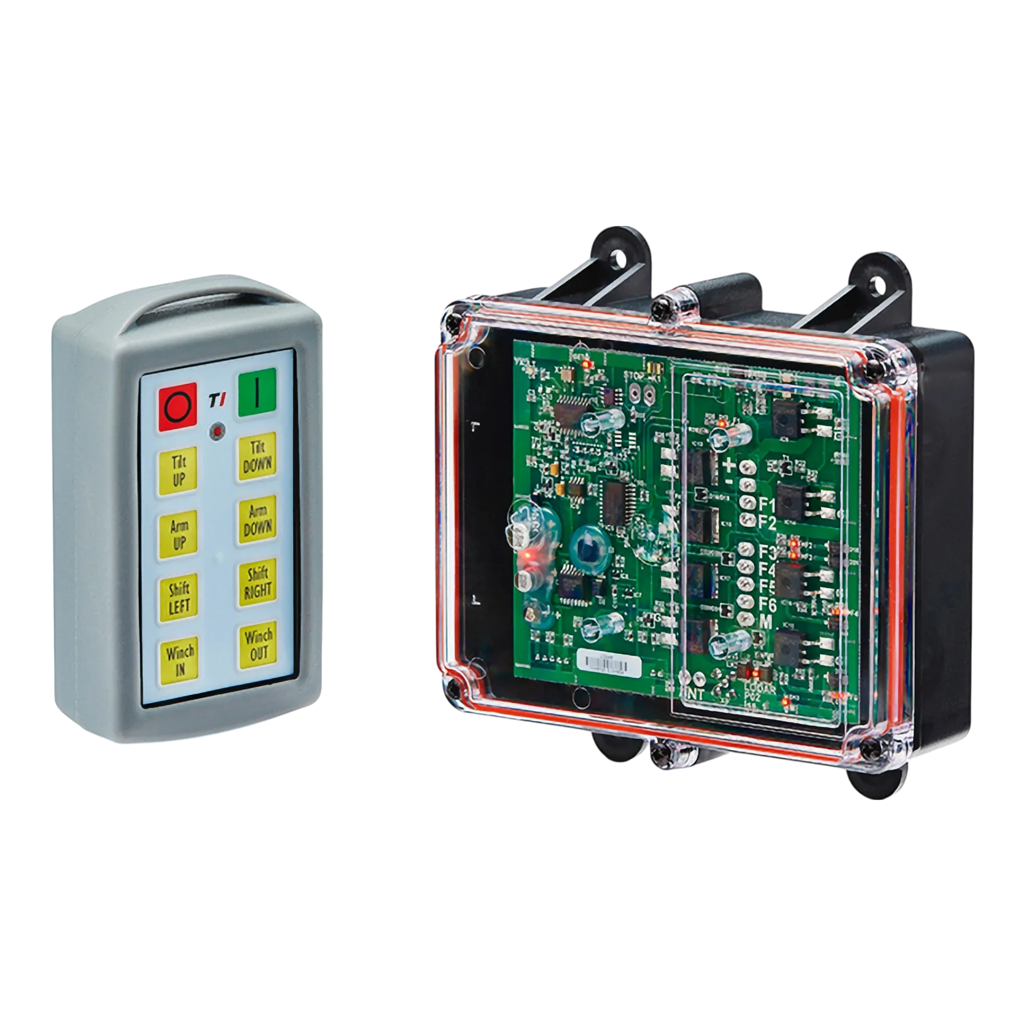 The Lodar LTD 8 Function Standard Wireless Control System (92 Series FET Receiver) and its remote are displayed side by side on a black background.