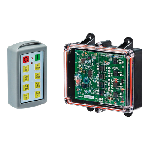 The Lodar LTD 8 Function Standard Wireless Control System (92 Series FET Receiver) and its remote are displayed side by side on a black background.