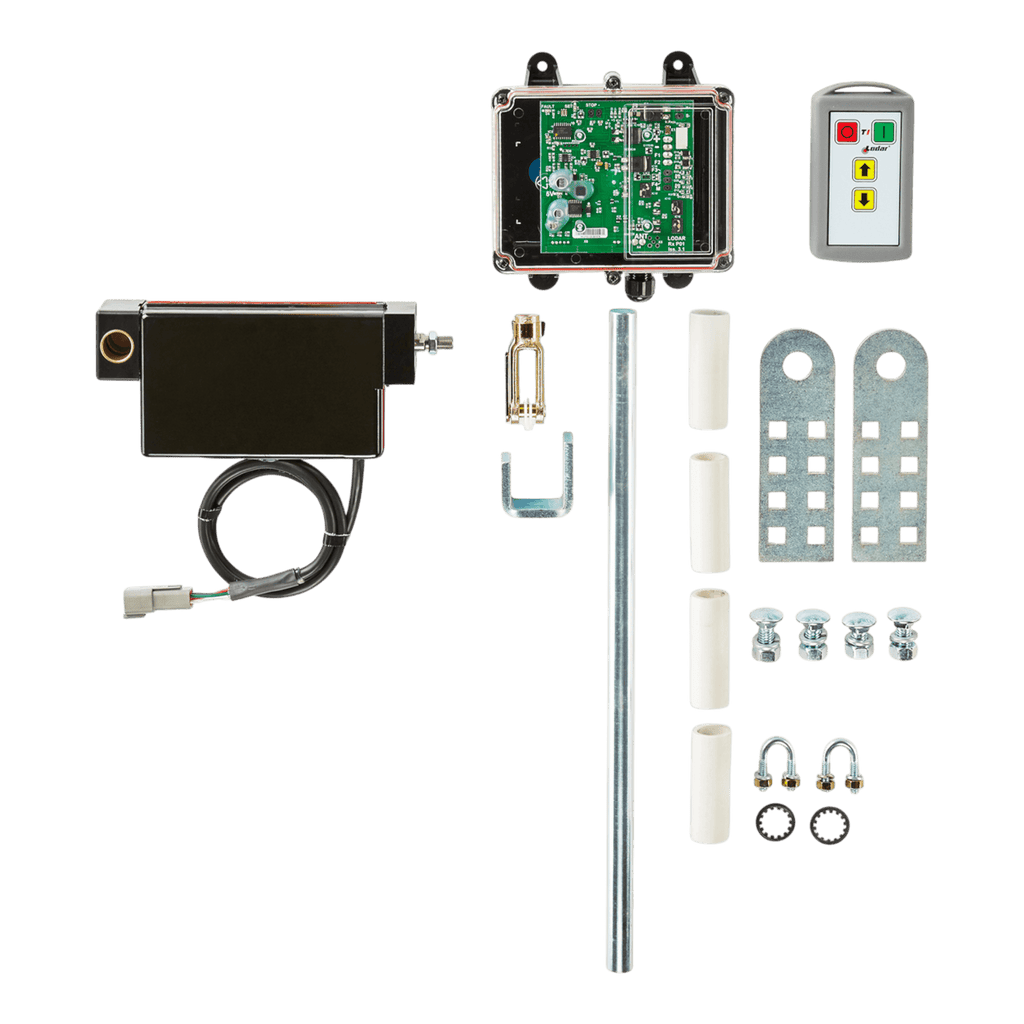 The PIERCE Lodar Wireless Electric Actuator Control System - 2 Functions includes electronic components, brackets, screws, metal rods, and a hand lever control for easy operation on a 12V system—all shown on a white background.