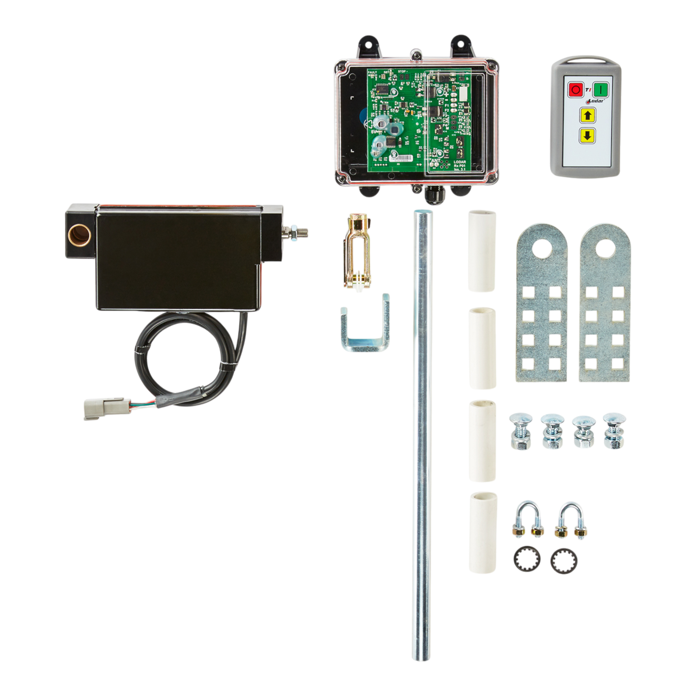 Set of Lodar Wireless Electric Actuator Control System components by PIERCE: circuit board box, motor, electric wireless remote control system, rods, brackets, screws, and connectors. Designed with low voltage protection to ensure safe operation.