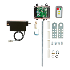 Set of Lodar Wireless Electric Actuator Control System components by PIERCE: circuit board box, motor, electric wireless remote control system, rods, brackets, screws, and connectors. Designed with low voltage protection to ensure safe operation.