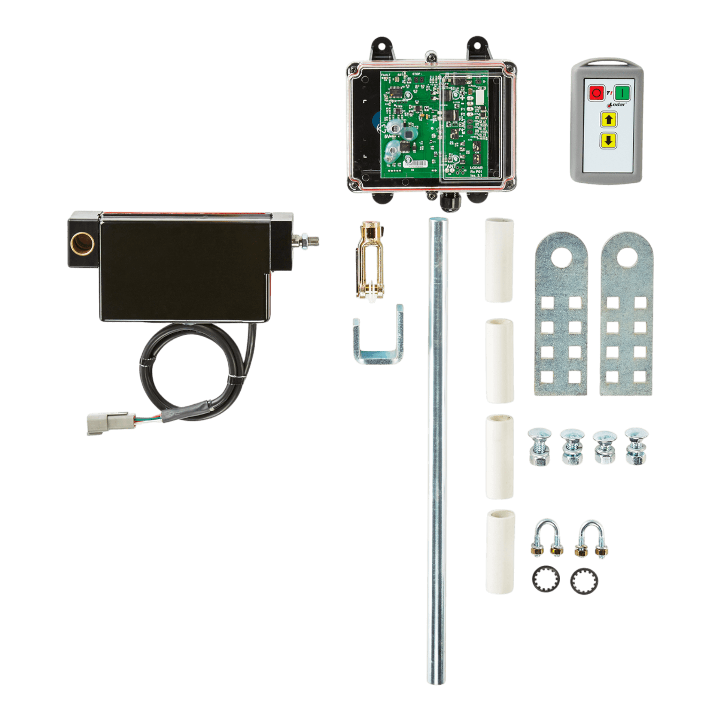 The PIERCE Lodar Wireless Electric Actuator Control System - 2 Functions includes electronic components, brackets, screws, metal rods, and a hand lever control for easy operation on a 12V system—all shown on a white background.