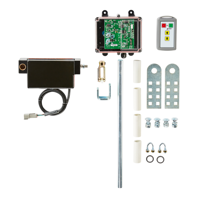 Set of Lodar Wireless Electric Actuator Control System components by PIERCE: circuit board box, motor, electric wireless remote control system, rods, brackets, screws, and connectors. Designed with low voltage protection to ensure safe operation.