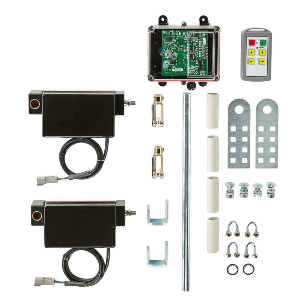 PIERCE Lodar Wireless Electric Actuator Control System - 4 Functions offers reliable actuator-based wireless operation with motors, control box, remotes, metal brackets, rods, bolts, and installation hardware.