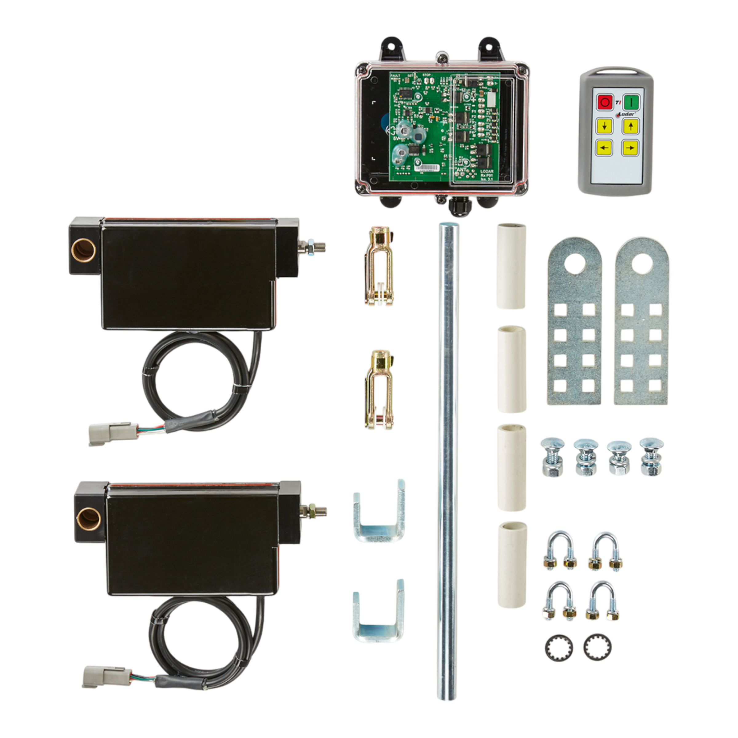 PIERCE Lodar Wireless Electric Actuator Control System - 4 Functions displayed with motors, a control board, an electric wireless remote control system, and mounting hardware on a white background.