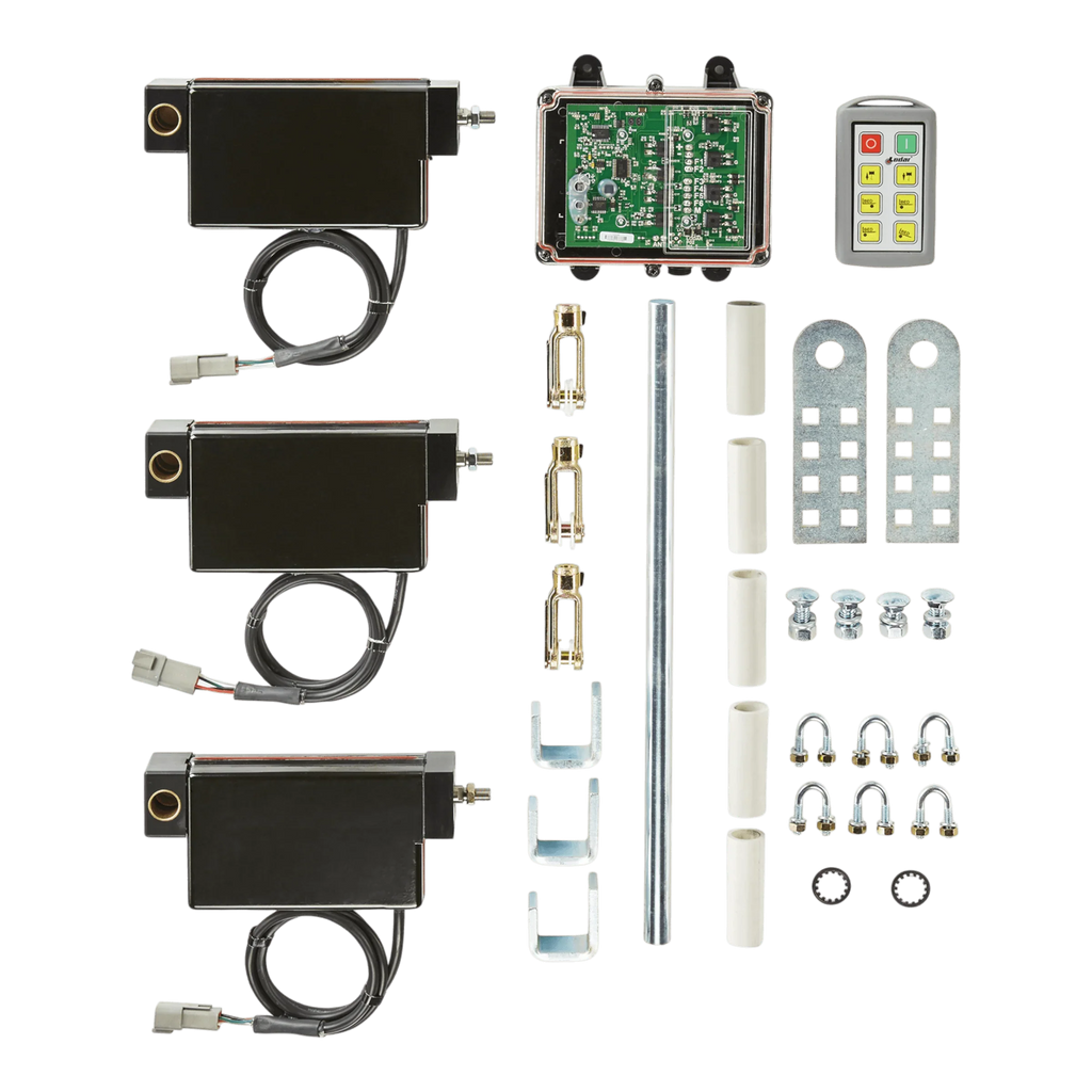 The PIERCE Lodar Wireless Electric Actuator Control System - 6 Functions includes a control unit, remotes, rods, brackets, and mounting hardware for seamless wireless actuator operation.