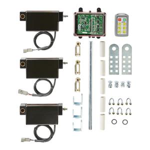 Components of the PIERCE Lodar Wireless Electric Actuator Control System - 6 Functions include a circuit board, remote control, locks, brackets, rods, screws, and connectors.
