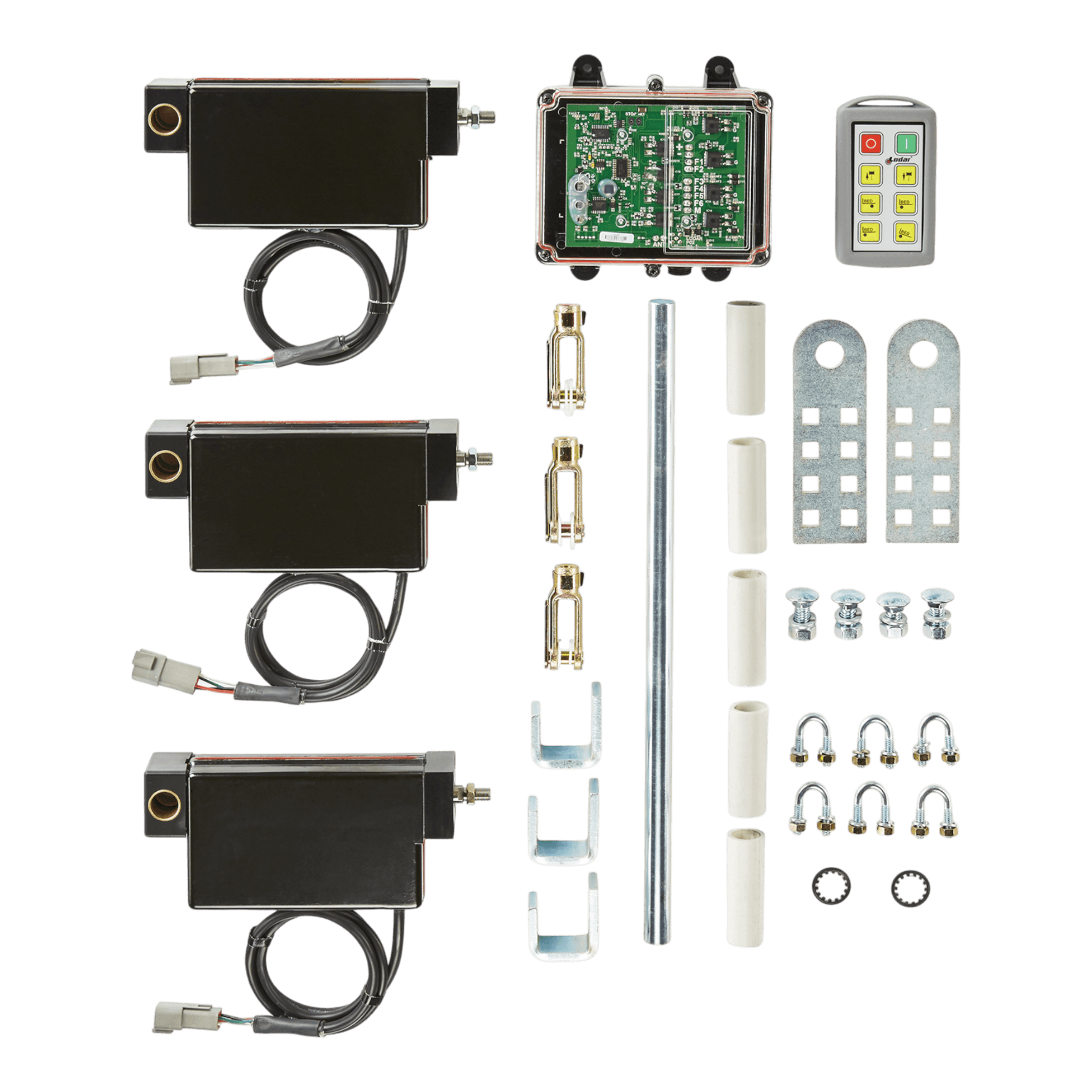 The PIERCE Lodar Wireless Electric Actuator Control System - 6 Functions includes a control unit, remotes, rods, brackets, and mounting hardware for seamless wireless actuator operation.