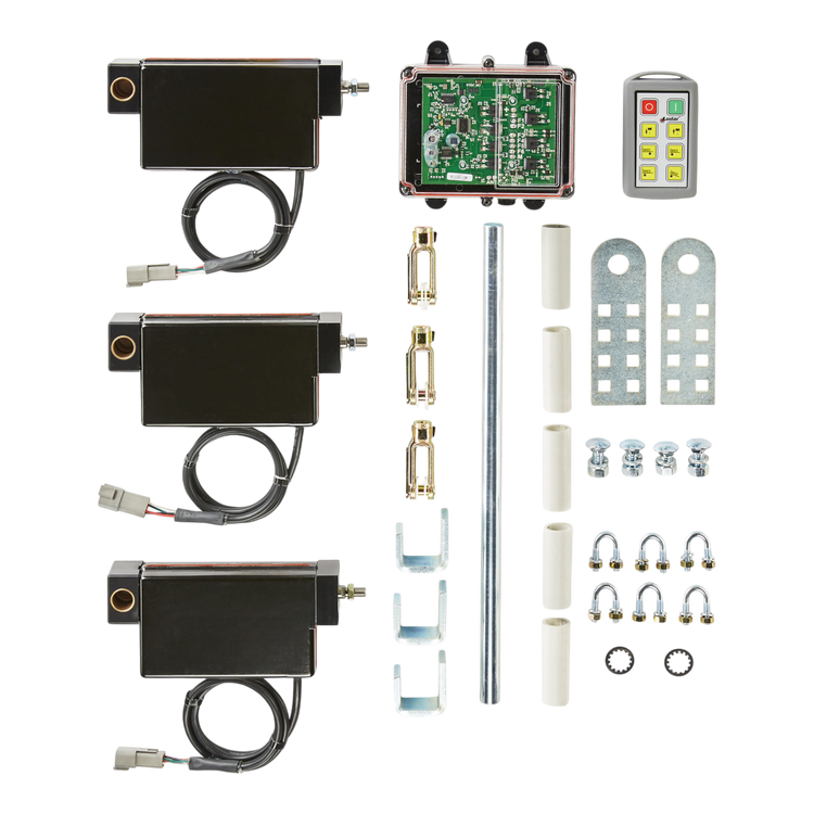 Components of the PIERCE Lodar Wireless Electric Actuator Control System - 6 Functions include a circuit board, remote control, locks, brackets, rods, screws, and connectors.