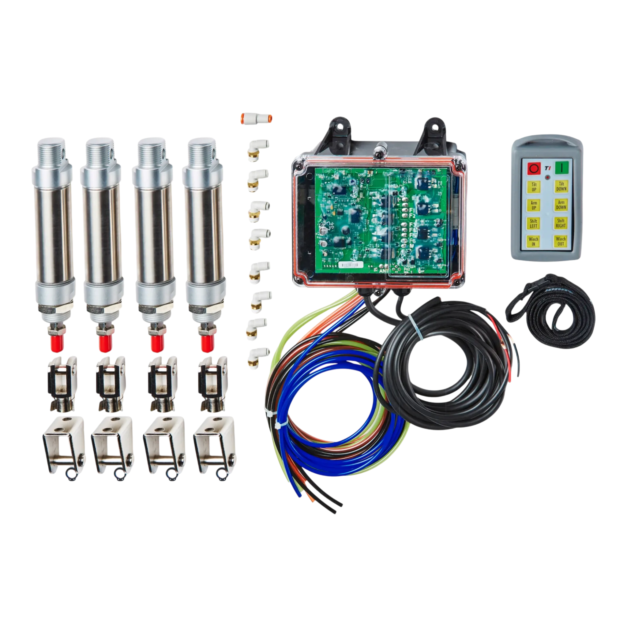 Lodar LTD 8 Function Wireless Air System includes a bolt-on actuator, circuit board, wires, remote, connectors, and supports control of four valves.