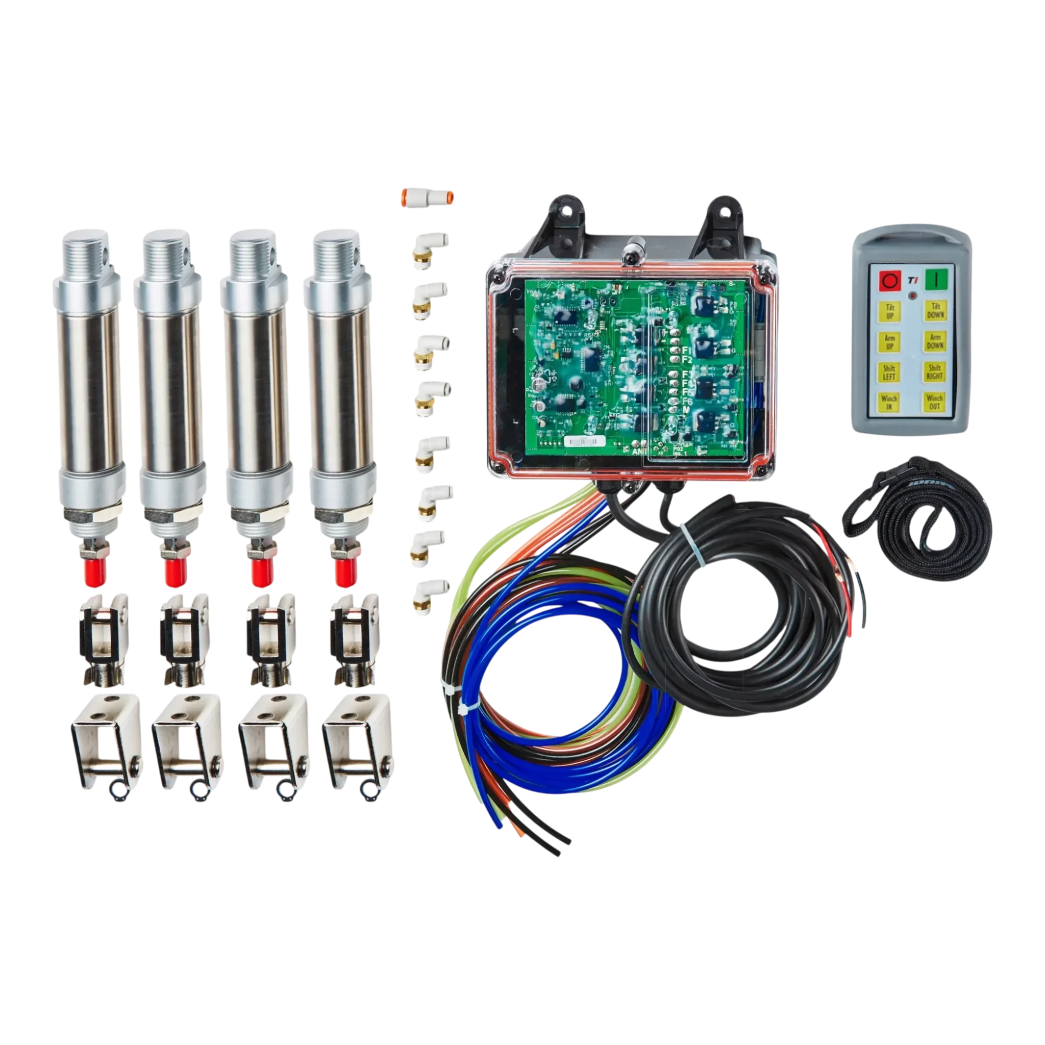 The Lodar Service 8 Function Wireless Air System with Bolt on Actuator includes sensors, circuit board, remote, cables, and hardware—perfect for integration with pneumatic actuators or air actuation systems.