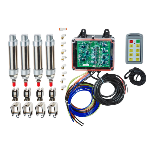 The Lodar Service 8 Function Wireless Air System with Bolt on Actuator includes sensors, circuit board, remote, cables, and hardware—perfect for integration with pneumatic actuators or air actuation systems.